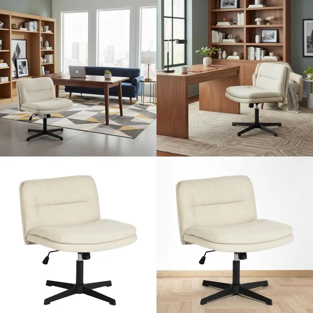 

Mid-Back Swivel Desk Chair - Adjustable Height, Upholstered Seat, Criss-Cross Base, No Wheels, Beige Linen for Home Office/Vanit