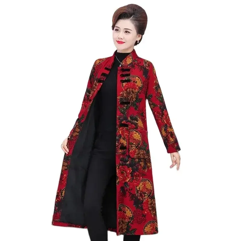 Autumn Winter Fleece Thicken Retro Mother Improve Cheongsam Female Outerwear 2026 Chinese Style Women's Long Trench Coat KX59