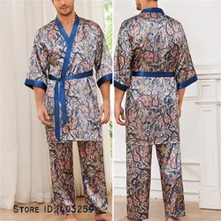 Print Long Sleeve Kimono Bathrobe Gown Trouser Suits Spring Autumn Men's Robe 2PCS Pajamas Set Casual Satin Homewear Loungewear