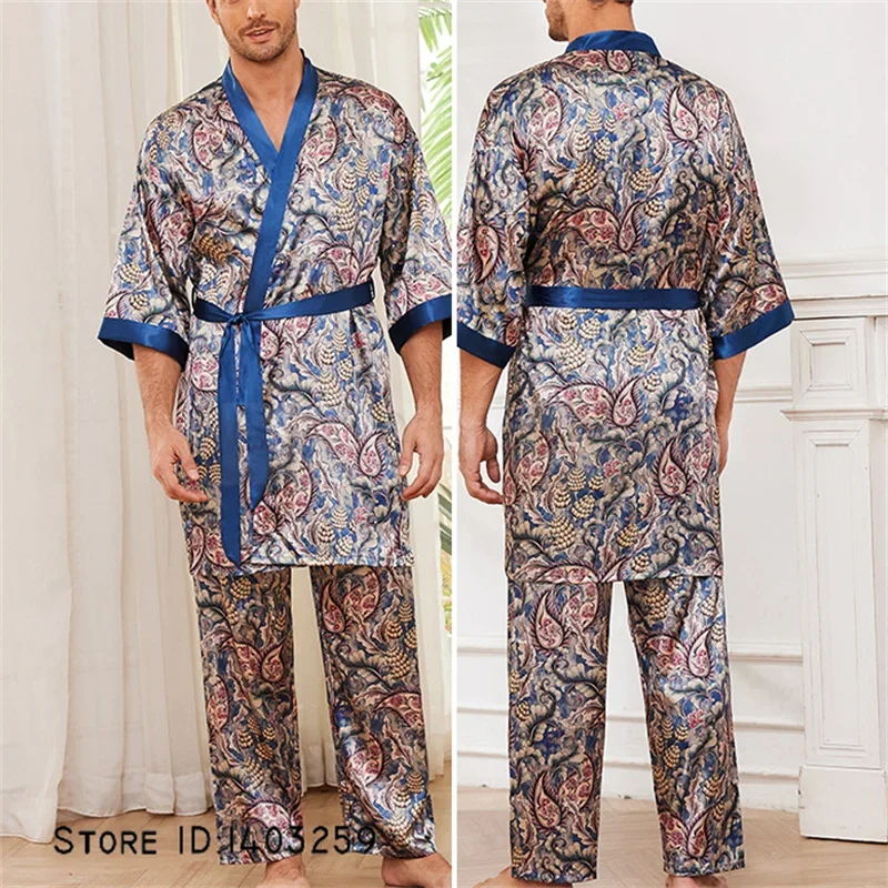 Print Long Sleeve Kimono Bathrobe Gown Trouser Suits Spring Autumn Men's Robe 2PCS Pajamas Set Casual Satin Homewear Loungewear