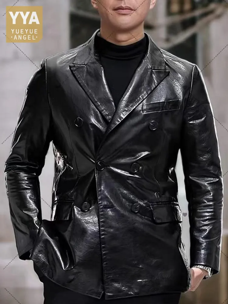 Men Business Work Slim Fit Double Breasted Suit Coat Oil Wax Cowhide Genuine Leather Jacket Spring Autumn Blazer Plus Size 6XL