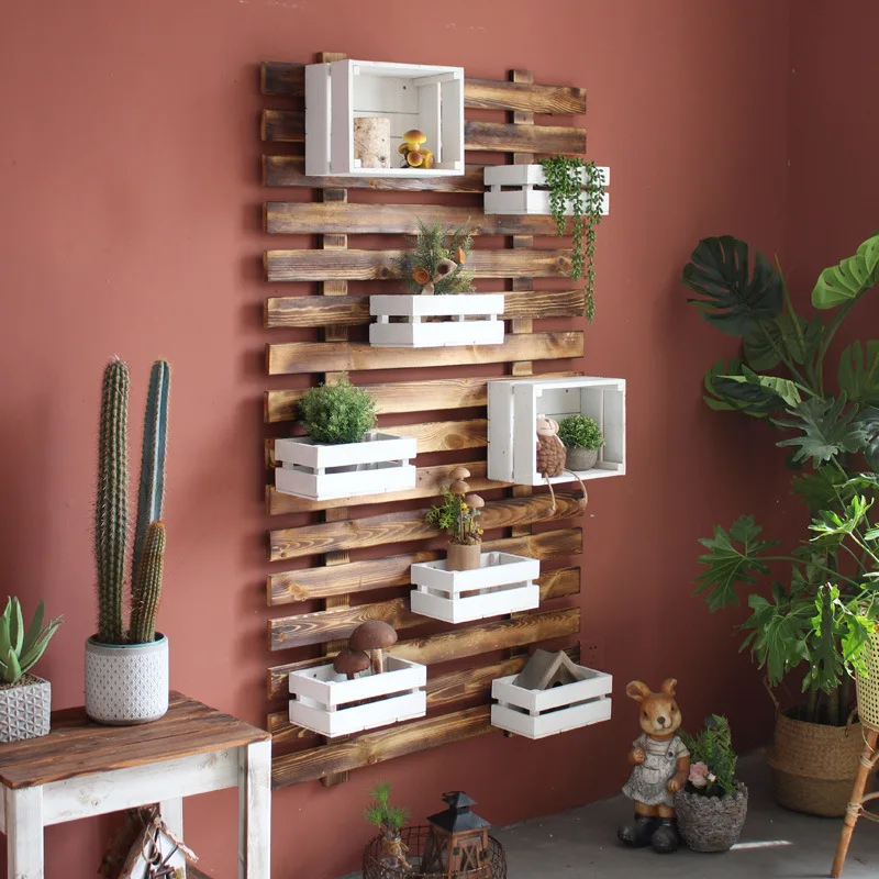 */*Retro Wall Rack Solid Wood Multi-functional Wall Hanging Storage Compartment Succulent Flower Pot Storage Rack Balcony Garden