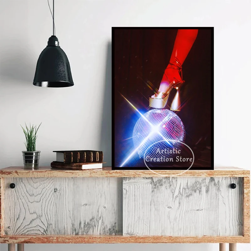 Groovy Shoe and Disco Ball Glitter Hand Poster Canvas Painting Prints Wall Pictures Living Room Club Bar Wall Home Decor Gifts