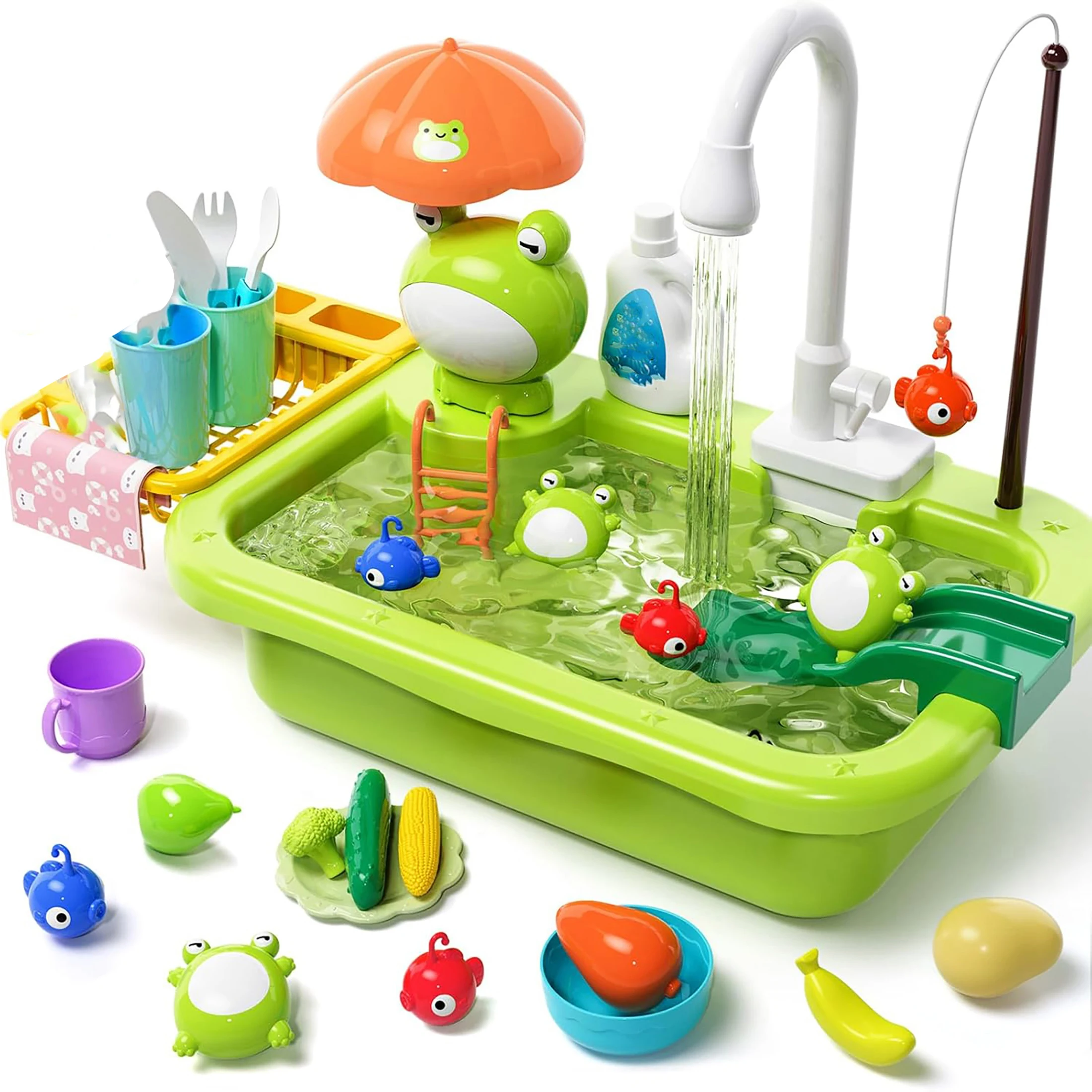 Play Sink with Running Water Kitchen Play Sink Toy Faucet Play Kitchen Accessories Floating Toys Fishing Game