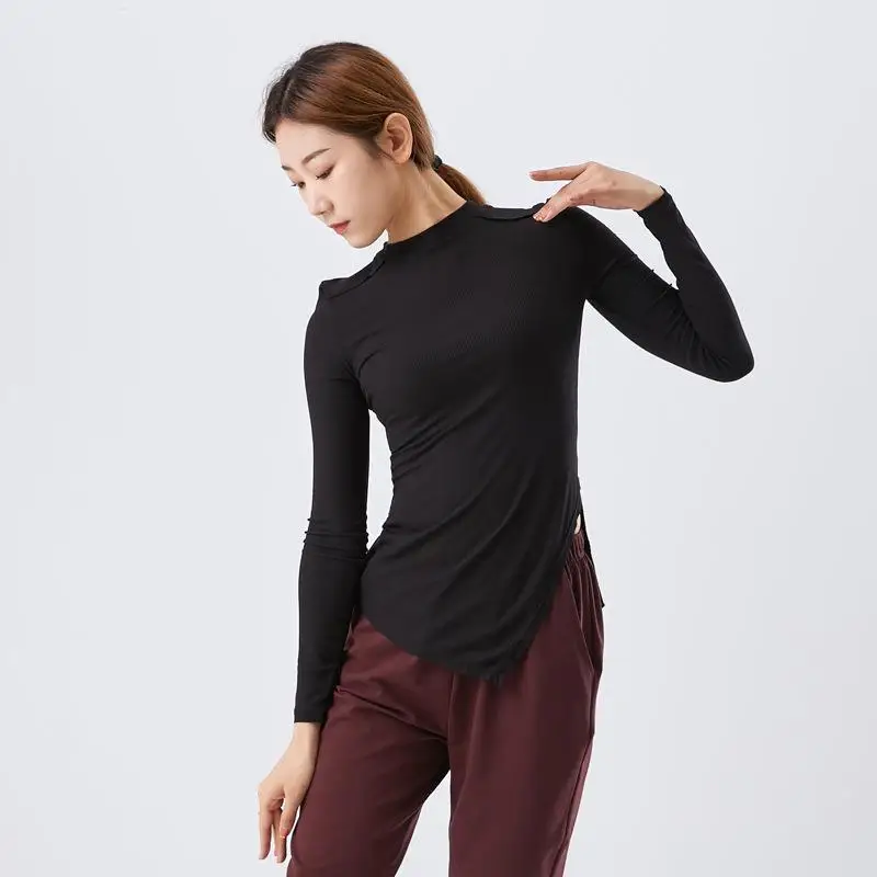 Uneven Dance Tee Shirt Round Collar Slim Classical Dancer Practice Basic Wear Training Clothes Irregular Viscose Long Top Slit