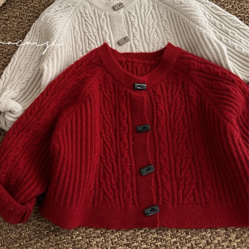 

Red Knitted Cardigan Autumn Fashion Korean New Cute Casual Simple All-match Temperament Solid Color Sweater Cardigan Coat