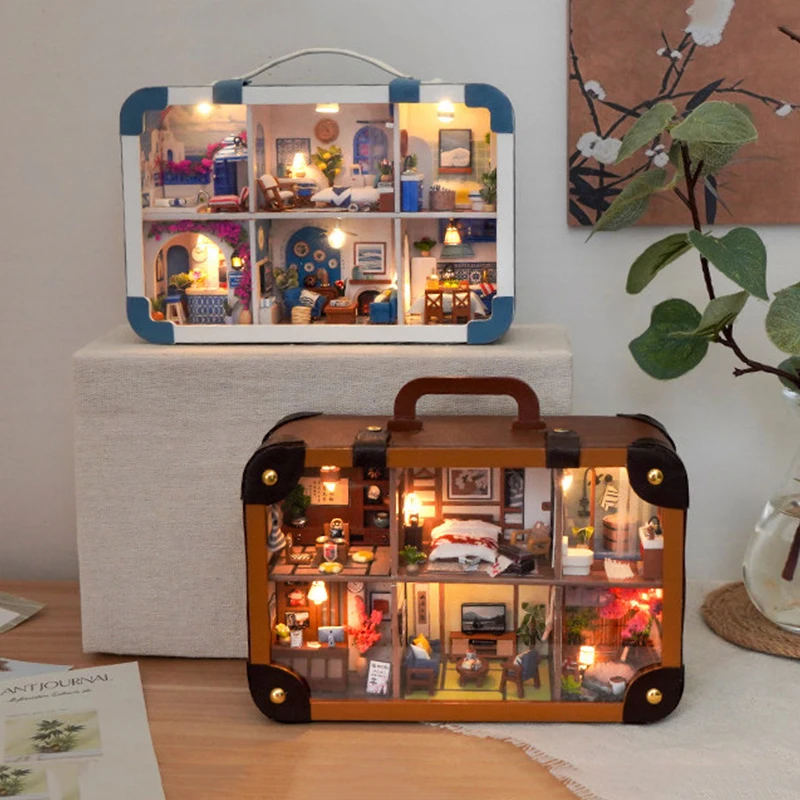 DIY Wooden Miniature Model Kits Japanese Style Suitcase Mini Casa 3D Puzzle Dollhouse With Furniture for Friends Birthday Gifts