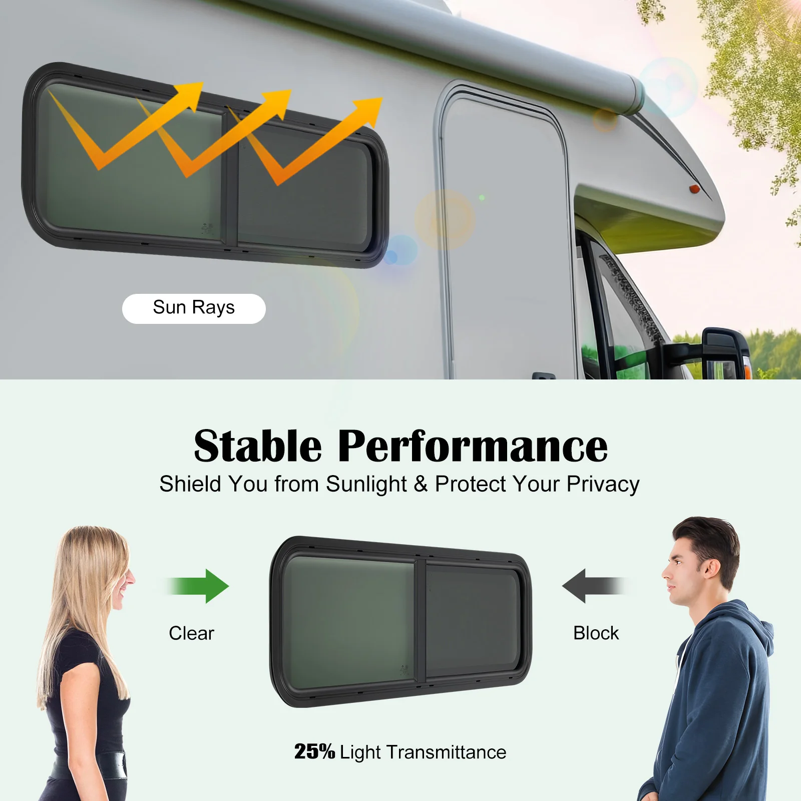 

RV Horizontal Sliding Window 42"W x 12"H Black Aluminum Alloy Frame with Privacy Tinted Tempered Glass, Built-in Screen & Decorative Trim Ring, Waterproof Seal & Security Lock for RV Camper Trailer Cargo Van