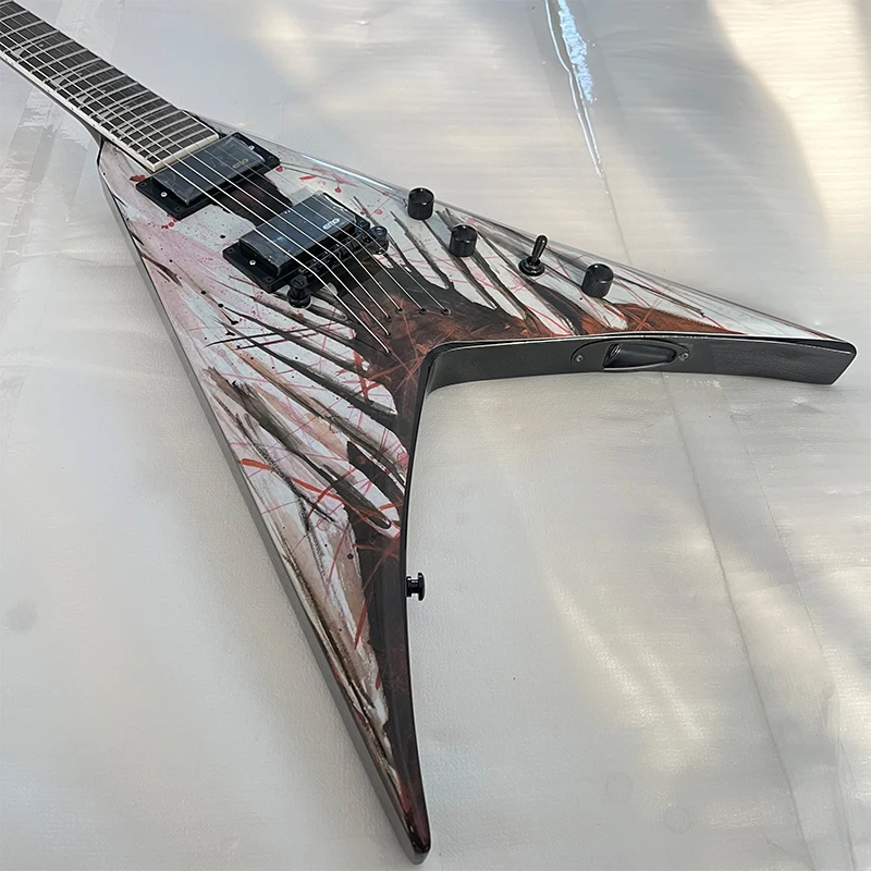 Factory Custom V-Shaped Electric Guitar with Splatter Finish, 24-Fret Dual Pickups, Metal Rock Performance Exotic Electric Guitar