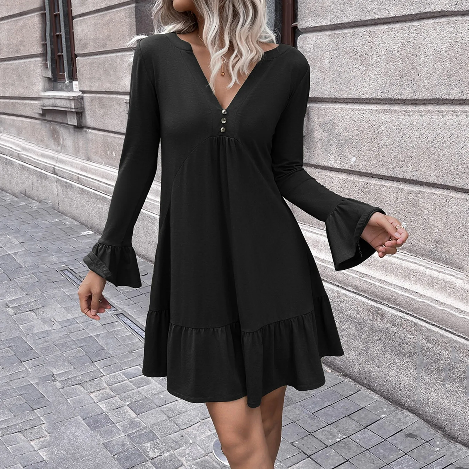 

Women's Solid Ruffled Dress Autumn Winter V-Neck Long-Sleeved Mid-Length Dress Sexy Slim Casual Dress Women All match Dresses