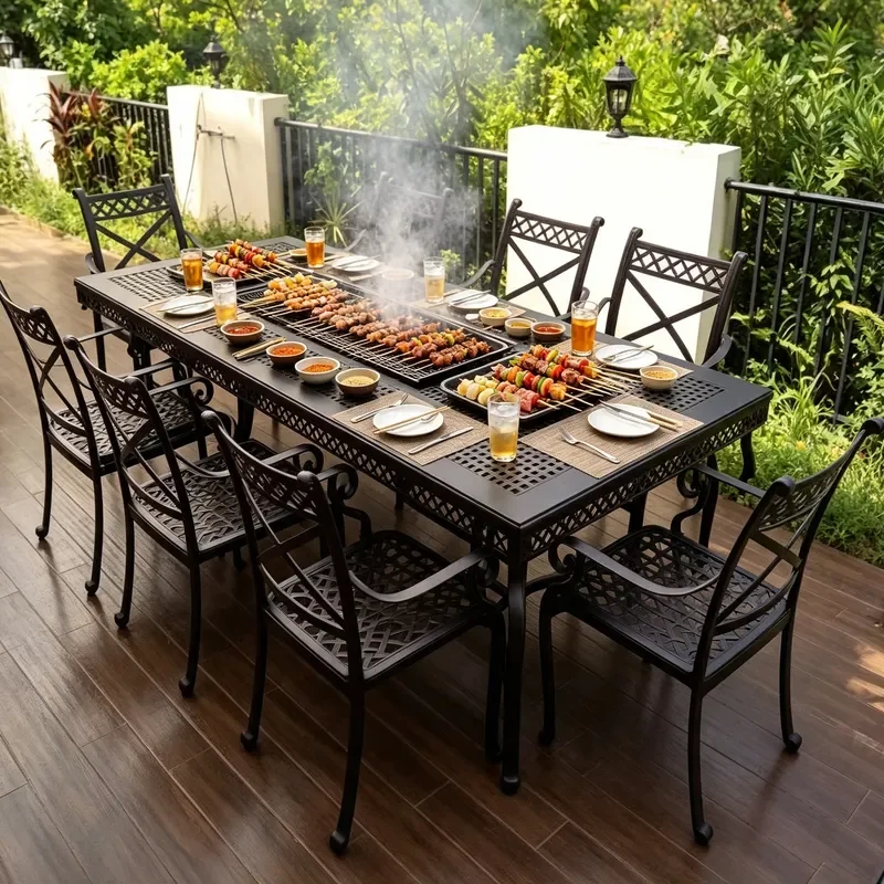 XZM-260 Outdoor Black Cast Aluminum Table and Chair Set Striped Table Top Cross Back Leisure Chair Patio Furniture