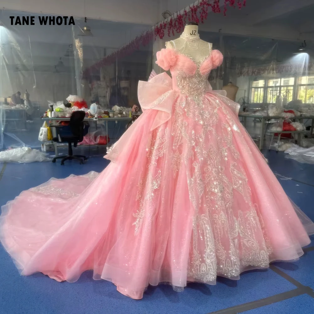 

Evening Gowns Sweetheart Off Shoulder Lace Up Back Evening Dress Bow Sequined Embroidery Beading Pink Long Dress Customized