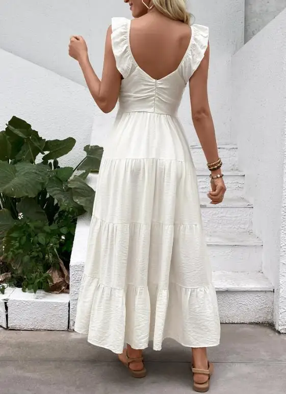 

Womens Dresses 2025 Spring Summer New Solid Color V-Neck Sleeveless Backless Casual Slim Fit Daily Vacation Long Dress