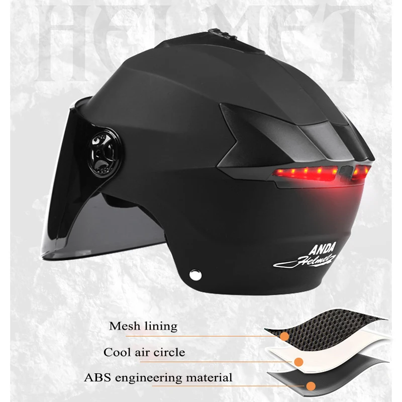 AD Motorcycle Helmets for Men Double Lens Bicycle Vehicle Scooter Half Helmet Cycling LED Lightweight Moto Bike Safety Cap