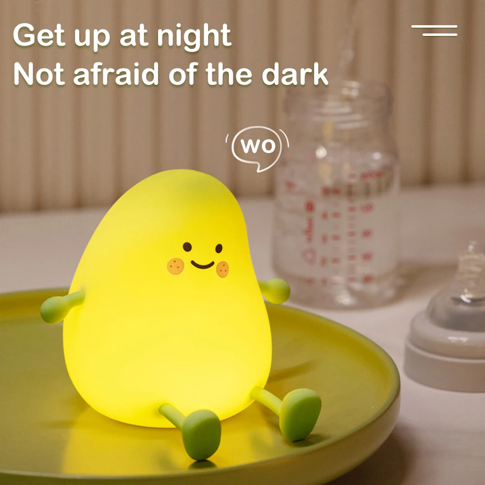 LED Pear Fruit Silicone Night Light 7 Colors Dimming Touch USB Rechargeable Cartoon Bedside Lamp Bedroom Decor Cute Kid Gift