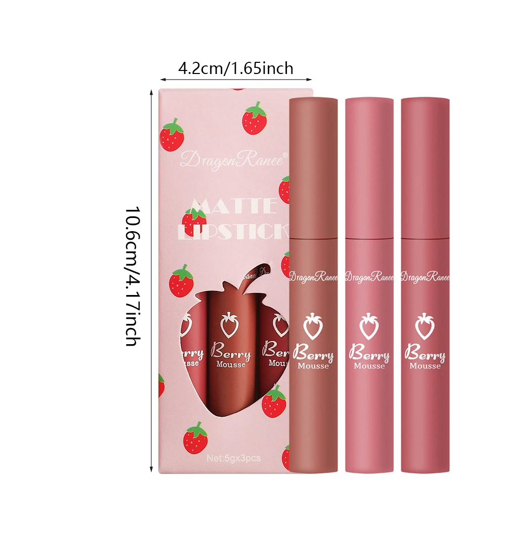 3 ชิ้น Strawberry Lip Glaze Set Velvet Matte Liquid ลิปสติกลิปสติก Non stick Cup