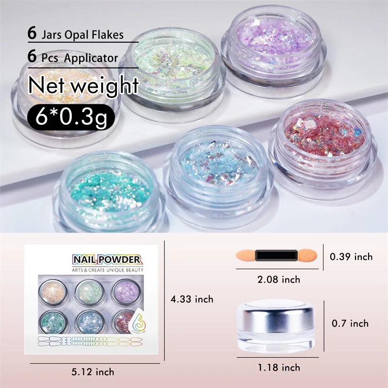 HNDO 6 Colors Set Nail Irregular Opal Flakes Bright Color Sparkle Powder Glitter Nail Art Decoration Manicure DIY Material