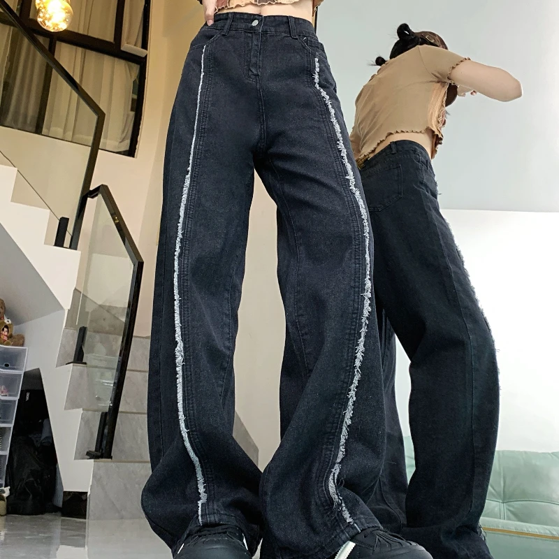 Deeptown Y2k Balck Women Jeans Korean Fashion Wide Leg Baggy Denim Pants Straight American Retro Autumn Hip Hop Trousers Casual