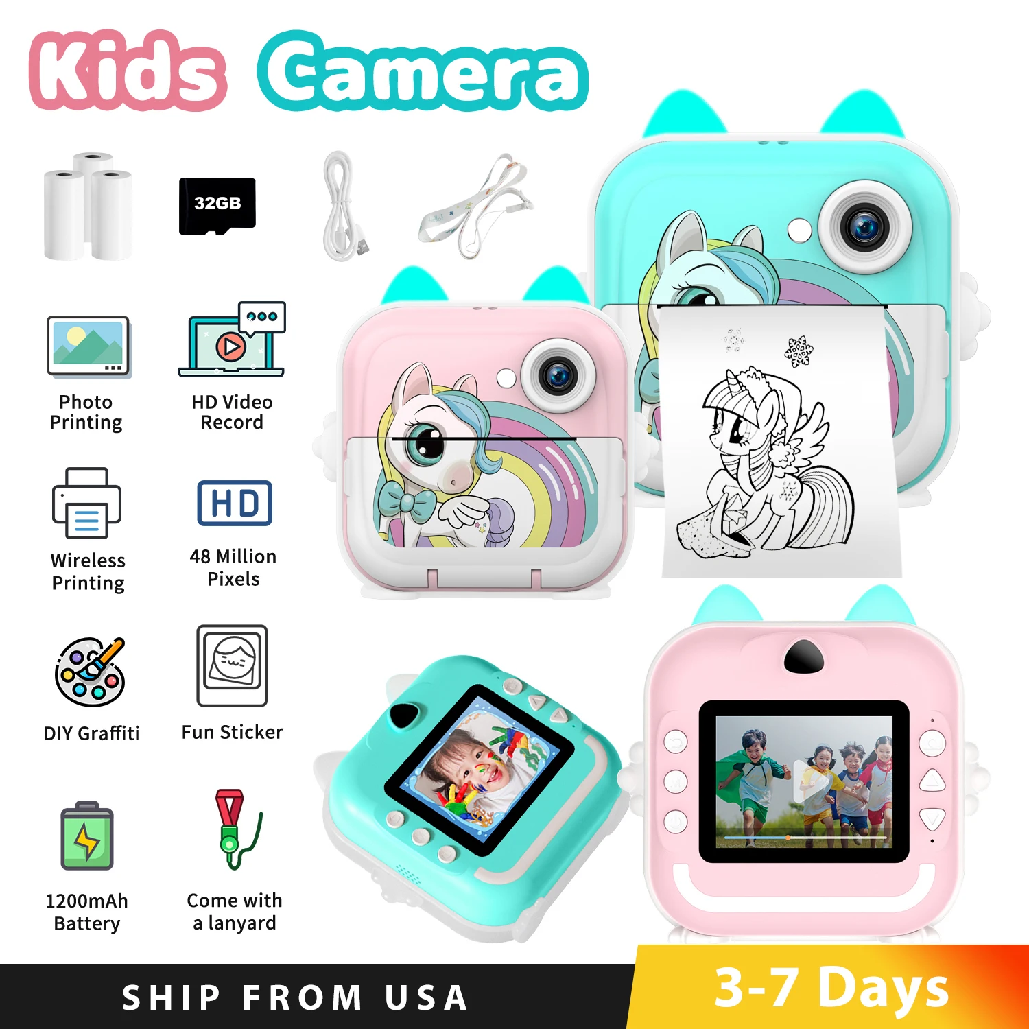 Impressão instantânea Photo Label Camera for Kids, Impressão Térmica, Gravação de Vídeo, Câmera Digital com Cartão de Memória 32G, Brinquedos Educativos