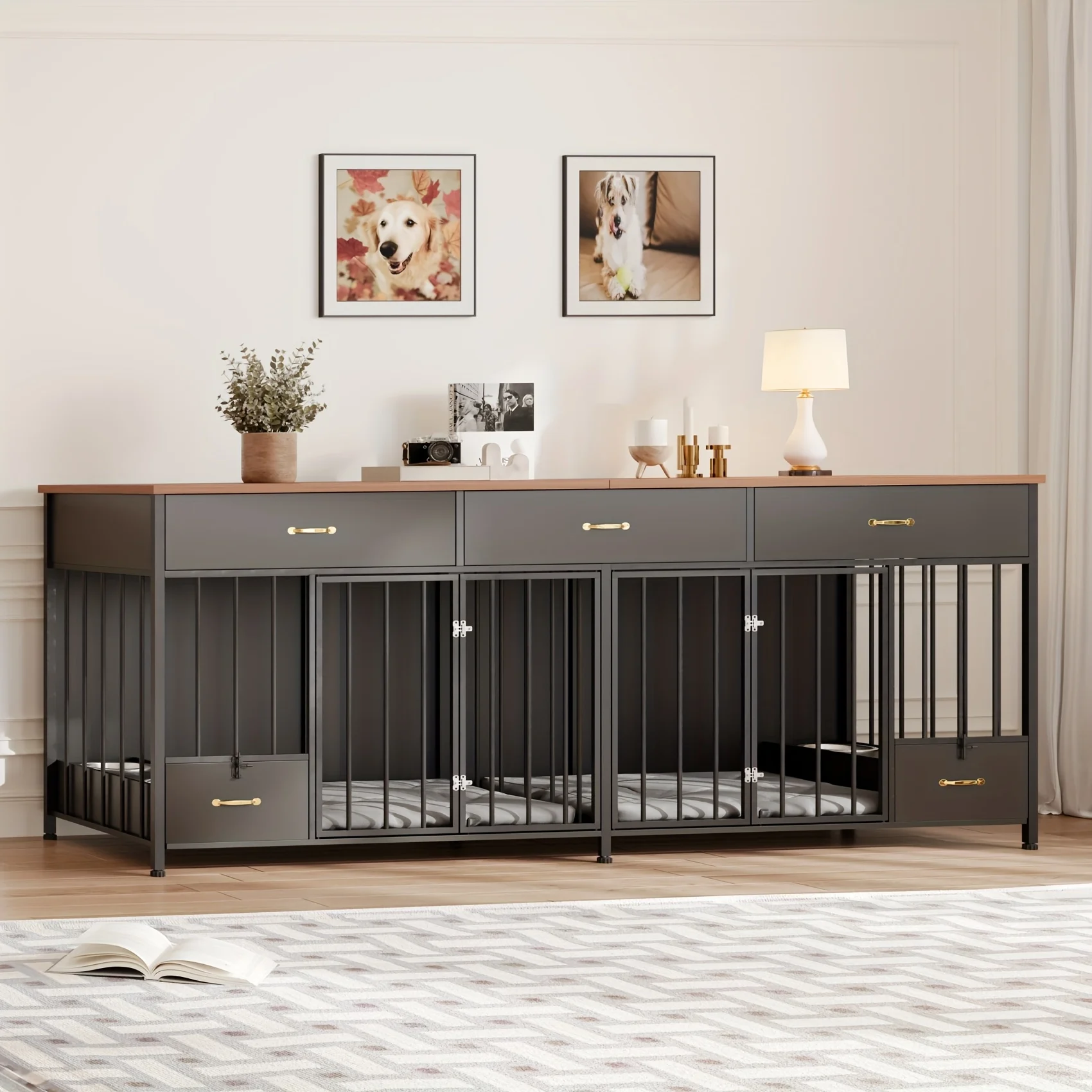 

Large Dog Crate Furniture with Feeder, 91.5" Wooden Dog Kennel Furniture with 3 Drawer And Dog Bowls, Double Dog Crate TV Stand Table for Small Medium Large Dogs, Black
