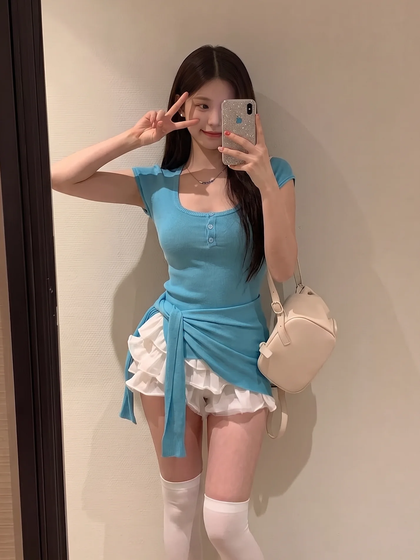 

Slim Fit Short Sleeve Knitted Top with Shawl Belted Waist Design Summer Casual Style Pure Color Polyester Fiber Women's T-shirt