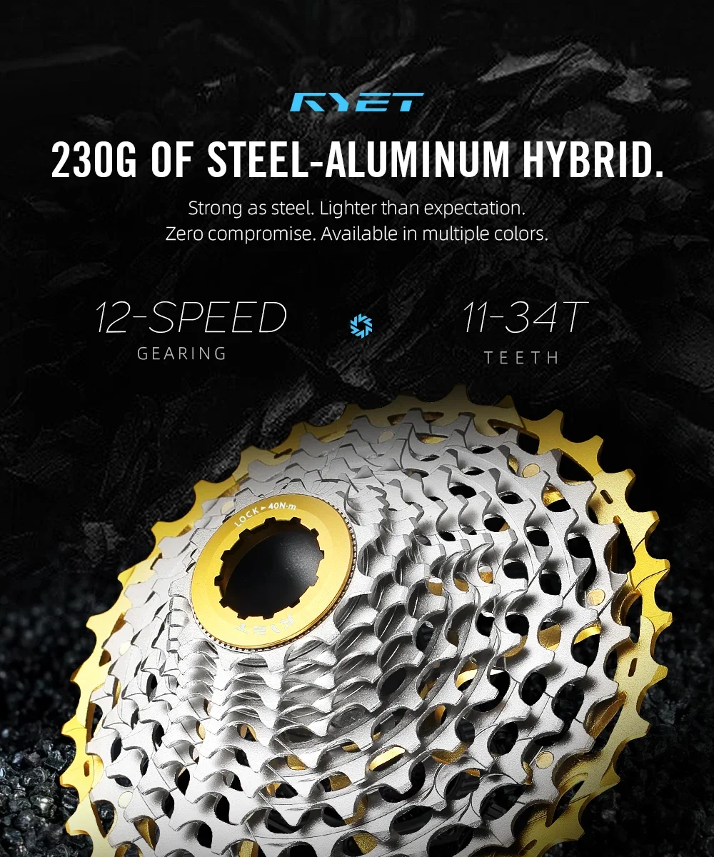 RYET Ultraleichte 230g 11-34T 12S CNC Alu/Stahl Kassette HG für Shimano Rennrad Gravel K7 Eloxierte Farbe 12-Gang Fahrradfreilauf – Detail 1
