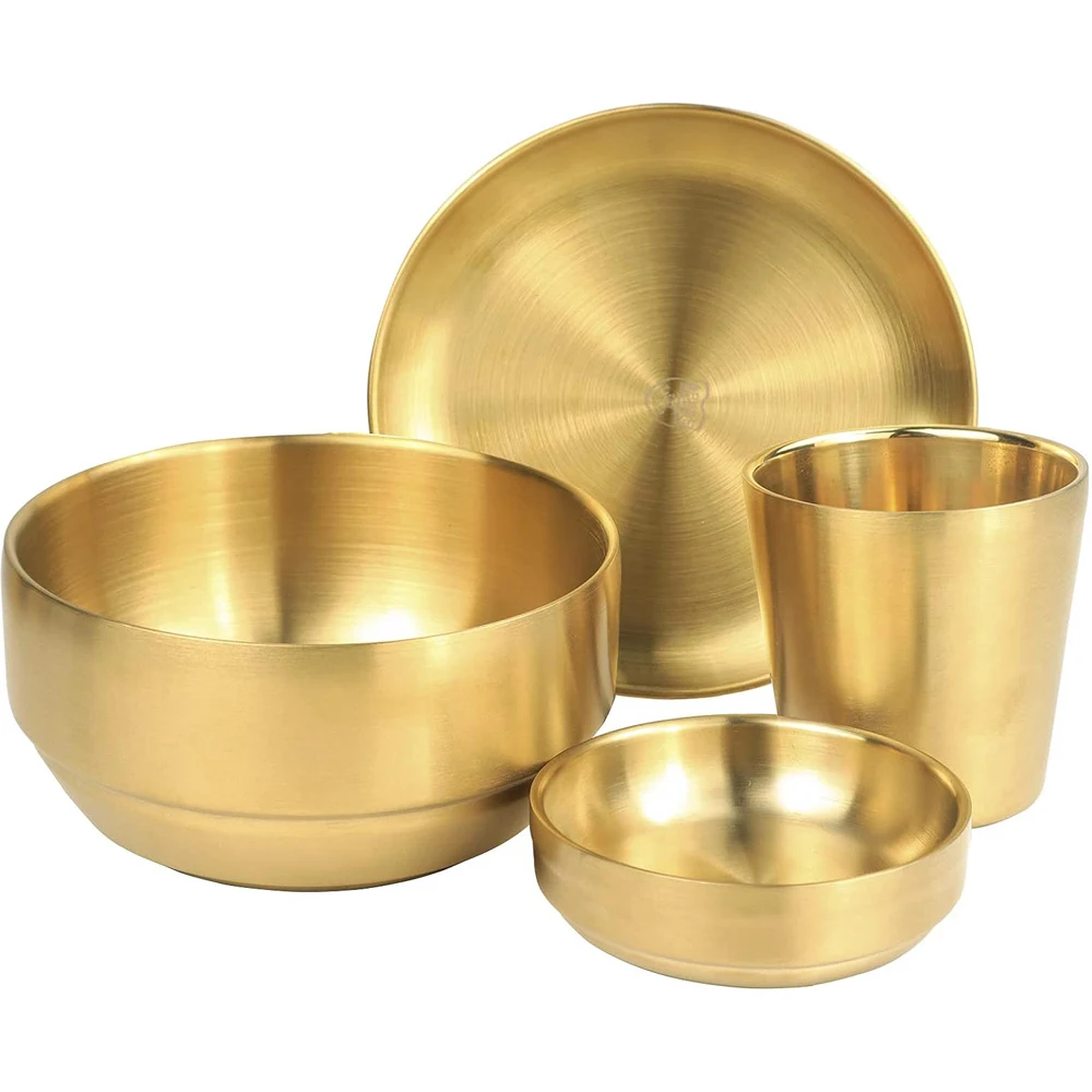 

Stainless Steel Dinnerware Sets, Gold Dish Set, 6.6" Thickened Dinner Plates, 16.9 OZ Soup Bowls, 3.5 OZ Sauce Dish & 5.9 OZ