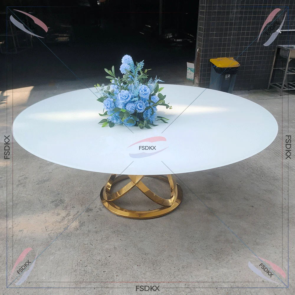 Luxury White Top Glass Round Banquet Tables Gold Stainless Steel Dining Table For Wedding Parties Home