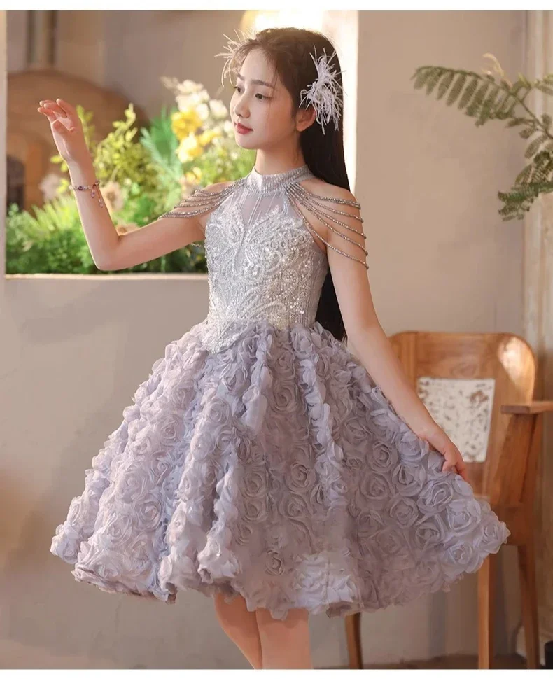 Girl Birthday Party Pageant Gown Kids Piano Recital Flower Short Dress Kids Formal Outfit Summer Costume Elegangt Princess Dress