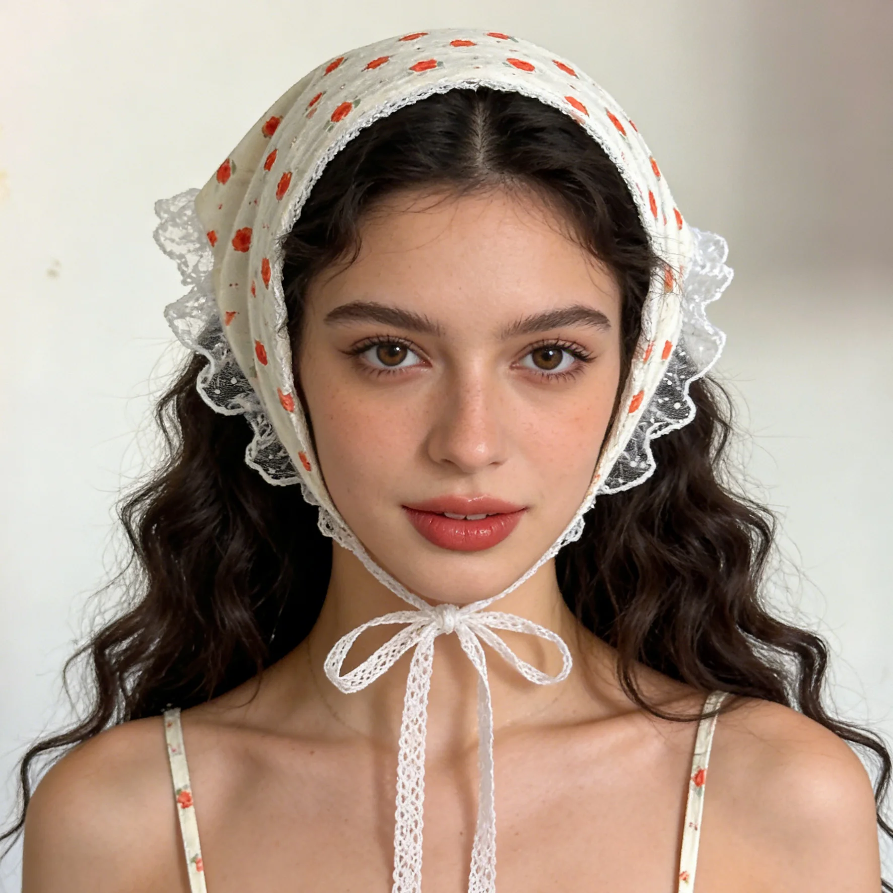 Pañuelo triangular de encaje dulce estilo coreano con estampado floral pastoral, pañuelo para el cabello de primavera y verano, pañuelo para el cuello y diadema para mujer