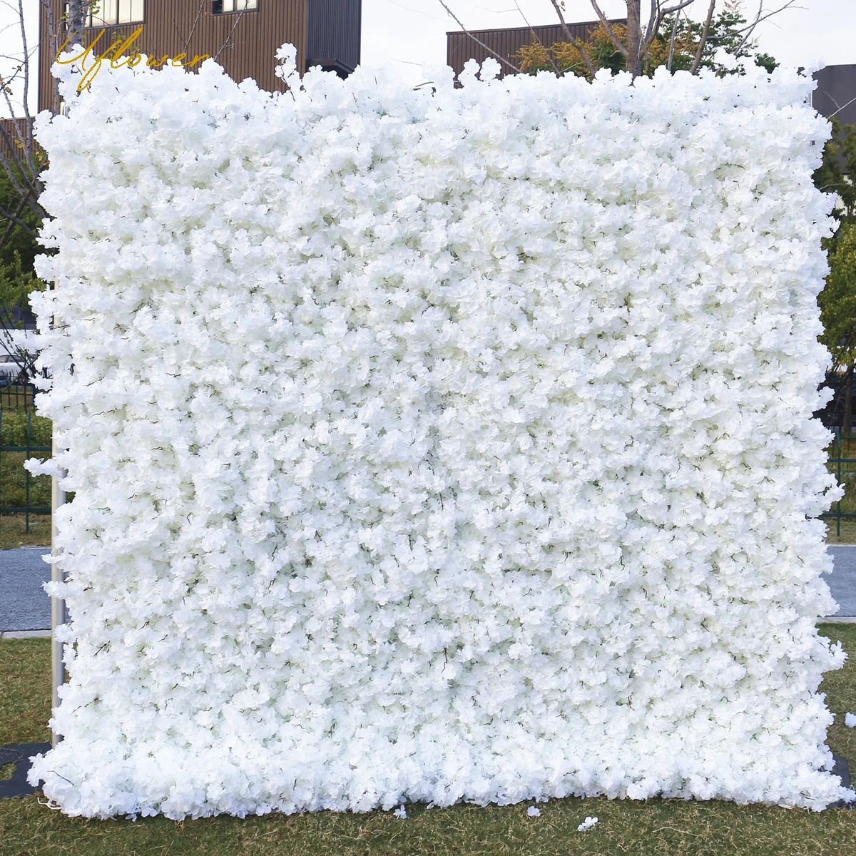 Uflower Wedding White Cherry Blossom 5D Artificial Flower Wall Row Arch Backdrop Fake Floral Event Party Prop Floral Arrangement