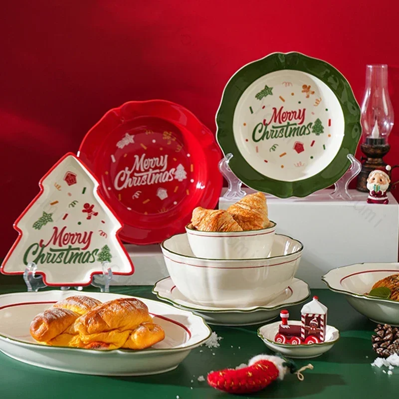 Creative Christmas Tree Ceramic Plate Set High End Restaurant Dessert Plates Breakfast Delicious Salad Plate Exquisite Tableware