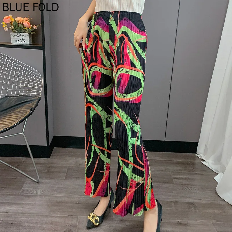 Miyake geplooide rechte broek 2025, groot formaat, losse geplooide nieuwe bedrukte elastische taille, casual broek, drukplooibroek