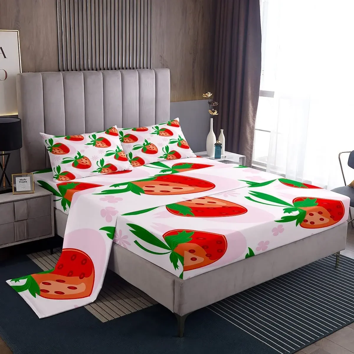 

Red Strawberry Sheet Set Pink Floral Sheets Cartoon Cute Fruit Flat Sheet Soft Microfiber for Kids Girls Women Bedding Set King