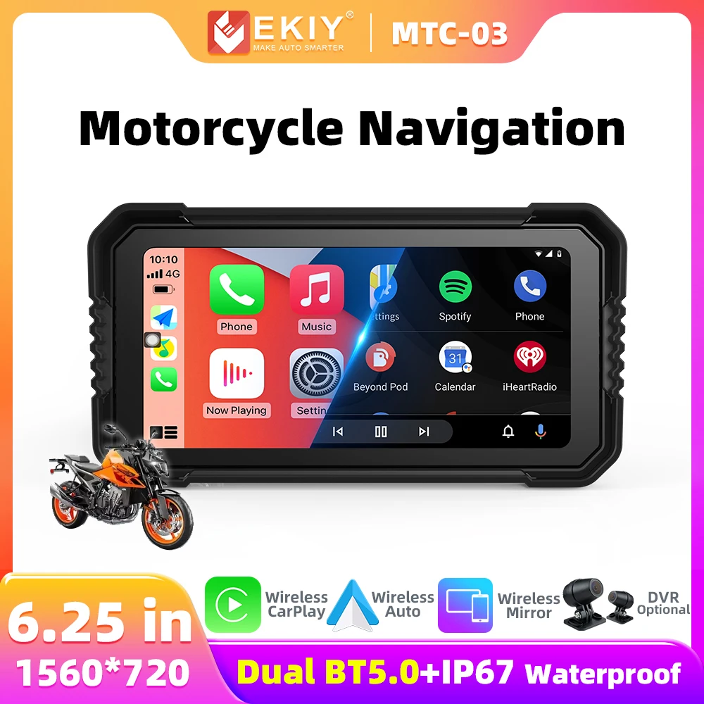 EKIY MTC03 6.25 นําทางรถจักรยานยนต์กันน้ํา IOS CarPlay จอแสดงผลแบบพกพารถจักรยานยนต์ไร้สาย Android Auto Monitor