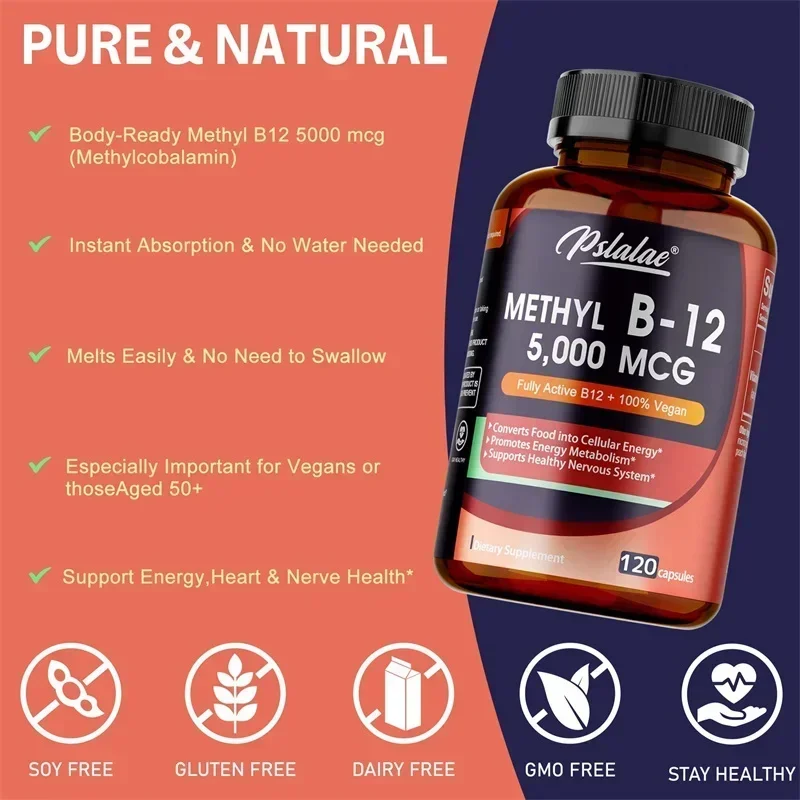 Vitamine B12 5000 Mcg - Soutient les niveaux d'énergie, l'esprit et le système nerveux - Production des cellules sanguines, soulagement de la fatigue, santé cardiaque