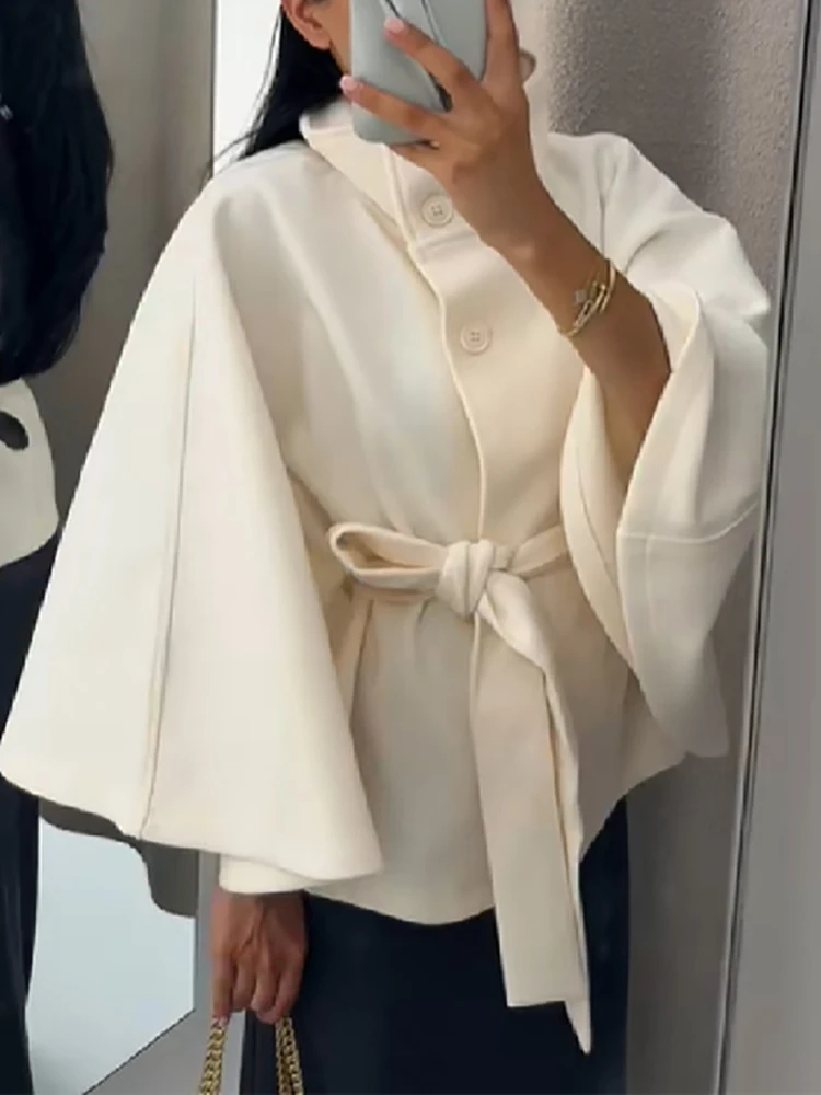 

Casual Women's Stand Collar Button Solid Short Coat Simple Loose Warm Outerwear Autumn Winter Long Sleeved Lace Up Office Jacket