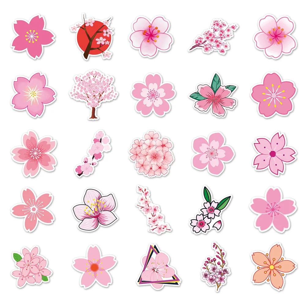 50pcs Cherry Blossom Sakura Stickers For Laptop Scrapbook Ipad Stationery Scrapbooking Material Pink Sticker Craft Supplies