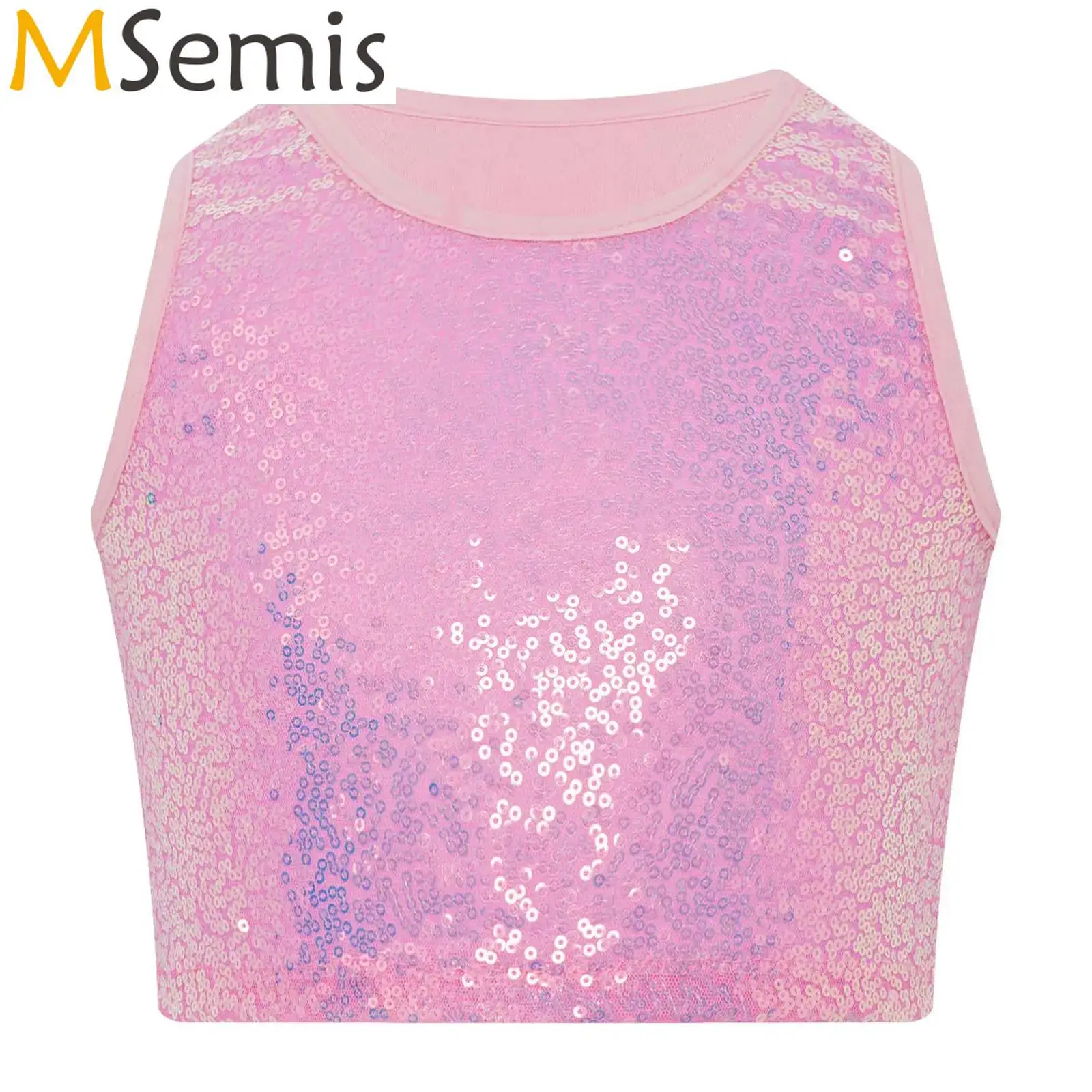 

Kids Girls Sparkling Sequin Jazz Dance Crop Top Cheerleader CostumeRound Neck Sleeveless Vest for Cheerleading Stage Performance