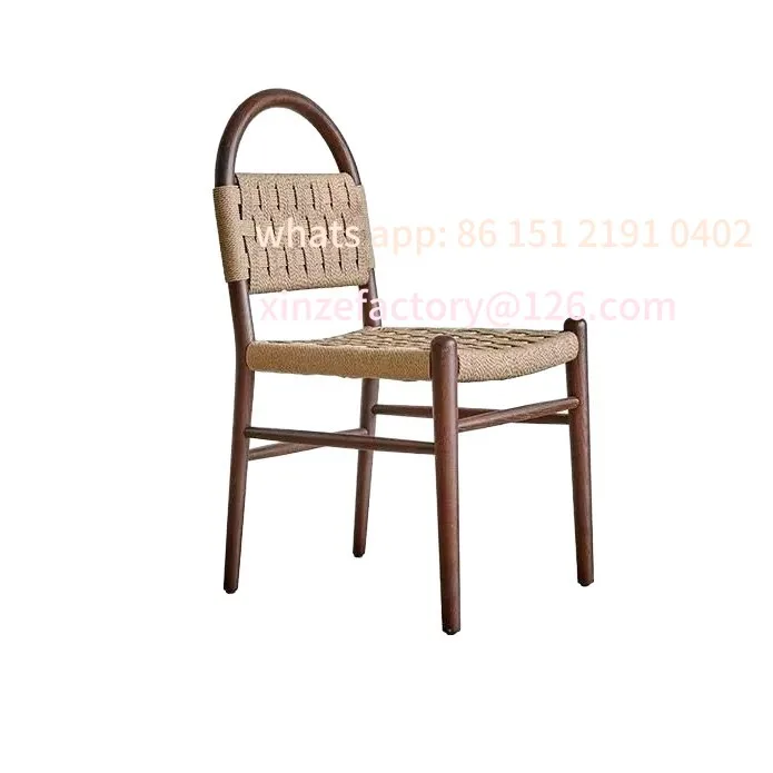 Customizable French medieval dining chair rope woven solid wood chair retro living room home woven backrest casual makeup chair