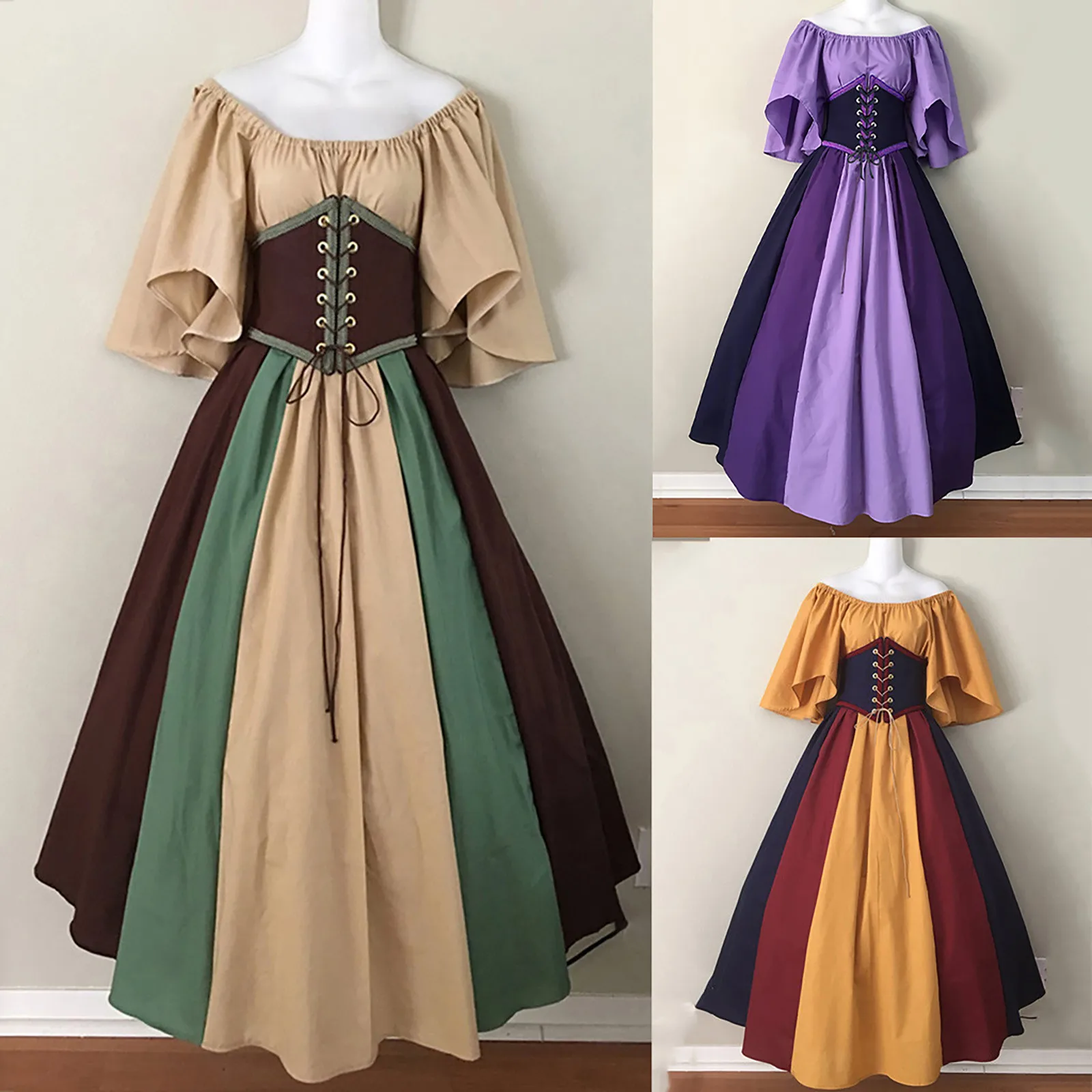 European and American Medieval Retro Contrasting Slim Fitting Skirt with Flying Sleeves Large Swing Skirt One Shoulder Dress