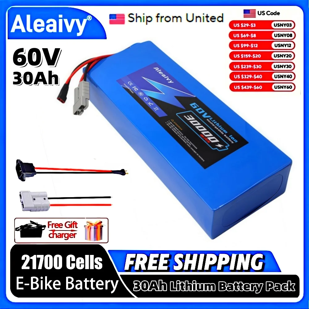 Aleaivy 60V 30Ah Electric Bike Lithium Battery Pack 30000mAh Li Ion Ebike Battery for Bicycle Scooter Motorcycle with Charger