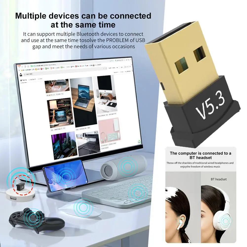 Adaptador inalámbrico USB Bluetooth 5,3, transmisor de música, receptor Adaptador para ordenador, PC, portátil, auriculares, Mini emisor