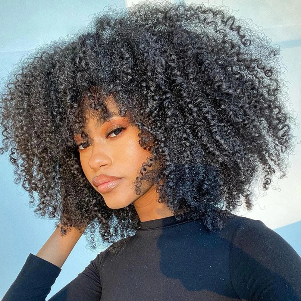 

Afro Kinky Curly Wig With Bangs Hand Made Scalp Top Wigs 150% 100% Real Human Hair Wig