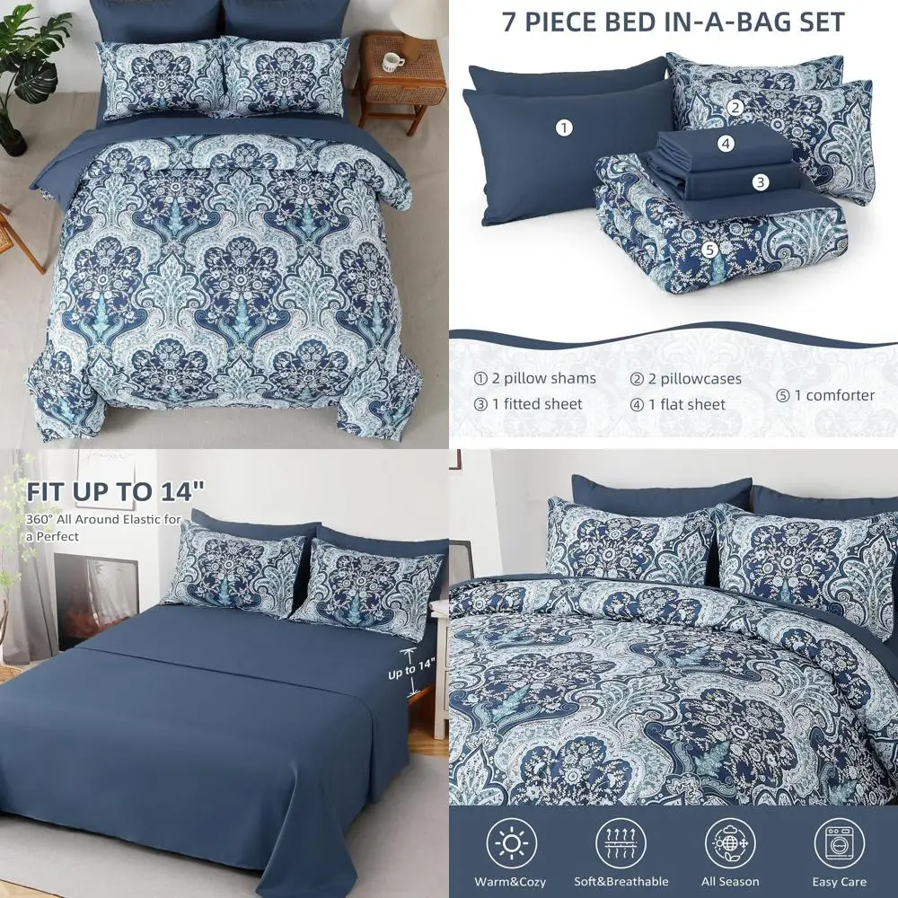 

King Size Paisley Bedding Set in Blue Boho Style, 7-Piece Comforter with Sheets and Pillowcases