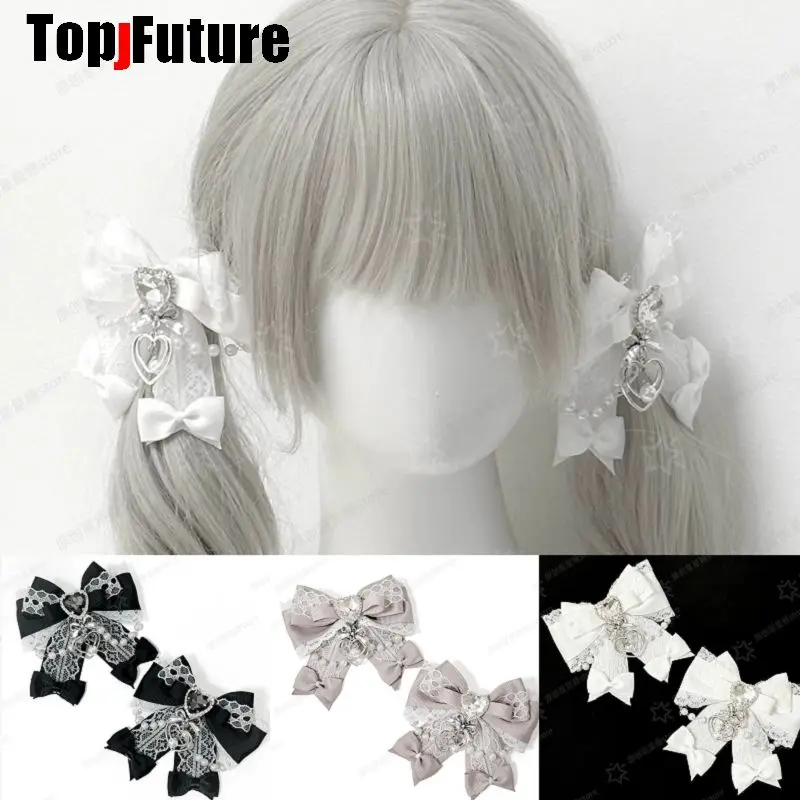 

Woman Y2K Girl Subculture Japanese Style Lace Rhinestone Bow Hair Clips for Twin Tails Versatile Girls Sweet Gothic Bow Hairpin