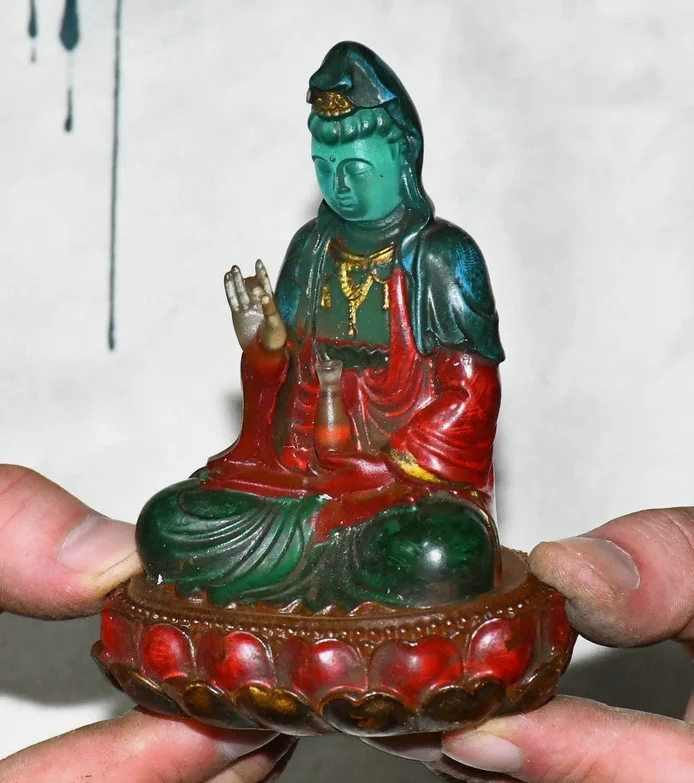 Old Coloured Glaze Lotus Kwan-yin Guan Yin Boddhisattva Goddess Buddha Statue