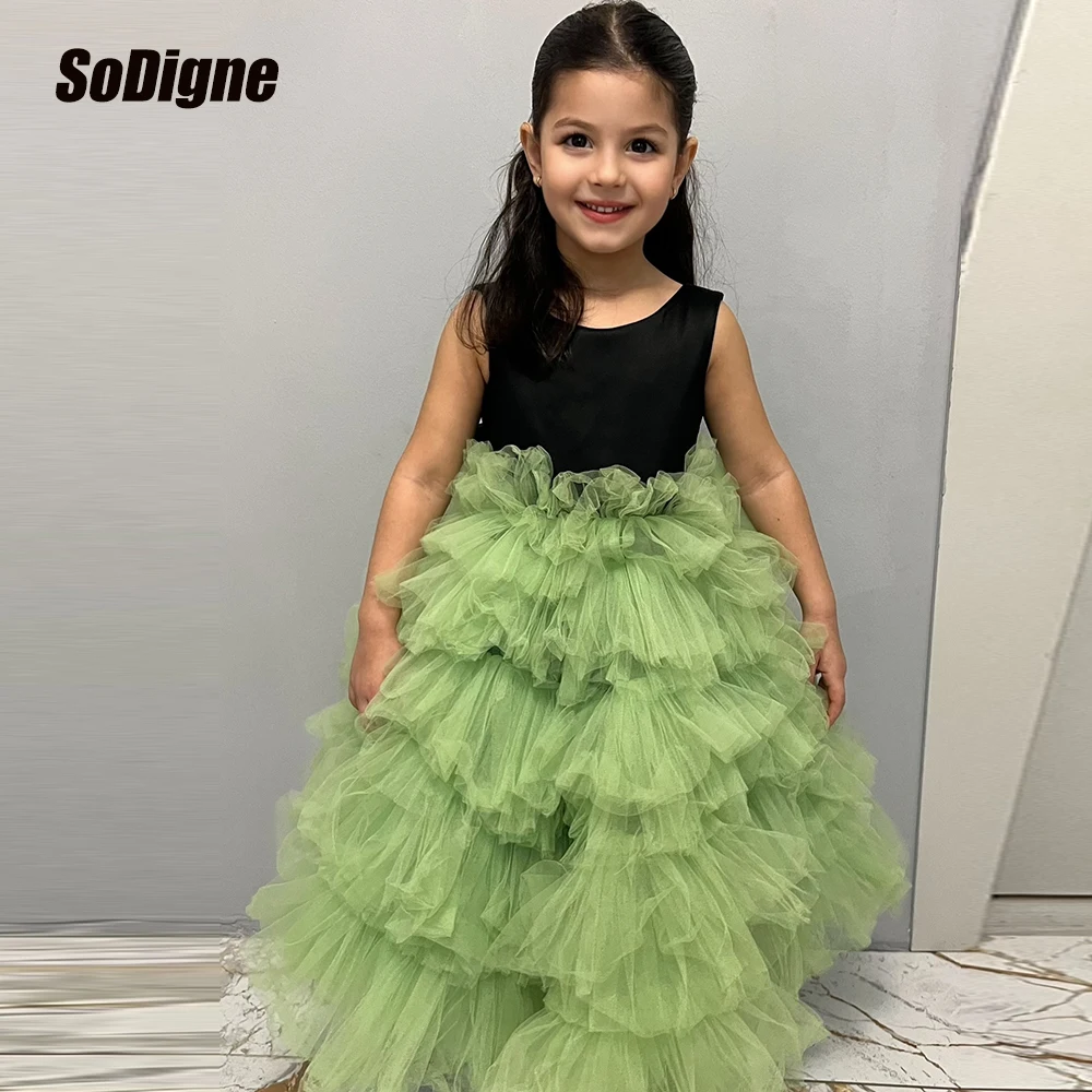 

SoDigne A-line Long Flower Girl Dress Tulle/Velvet O-neck Sleeveless Princess Kid Gown Girls Birthday Party Dresses Customized