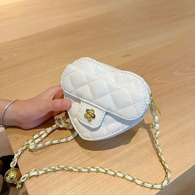 Bolso de hombro acolchado a cuadros con forma de corazón para niños, bolsos de mensajero con cadena de AMOR para niñas, monedero de princesa linda, moda