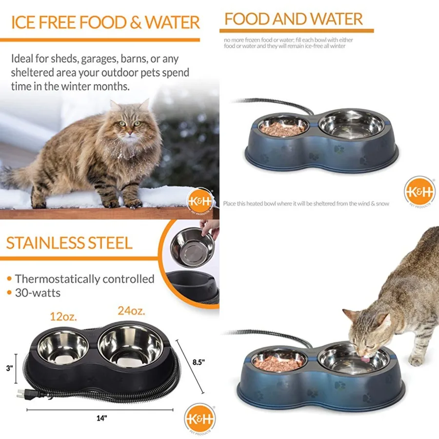 

Outdoor Heated Cat Food and Water Bowls for Outside Pets, Thermo-Kitty Café Feral Cat Feeding Station, No Frozen Water or Food,